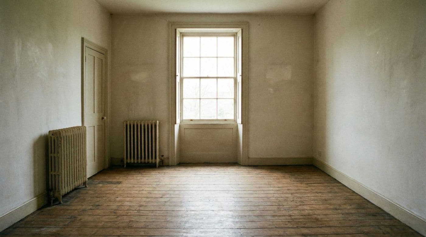 An empty room redesigned into a warm living space with Deqolo, before